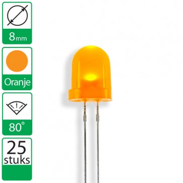 25 Oranje  LEDs 80 graden 8mm