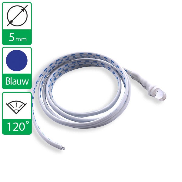12V Blauwe LED 120 graden 5mm aan snoer