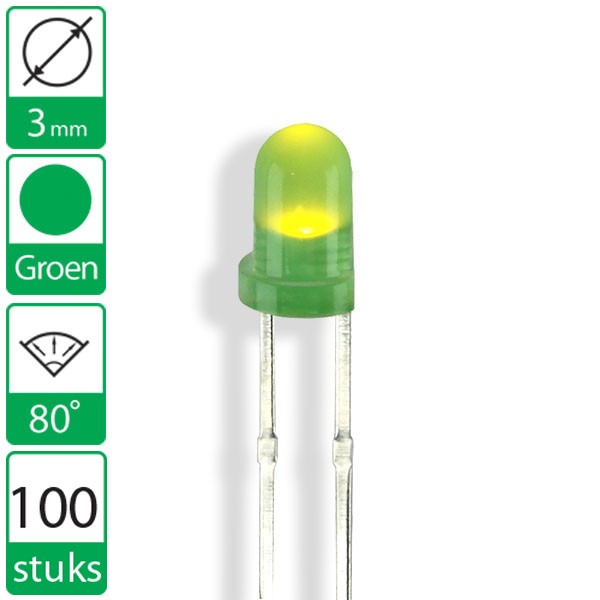 LED verde Green verte Groen verde 100 LEDs 3mm verde agua clara wtn-3-11000gr 