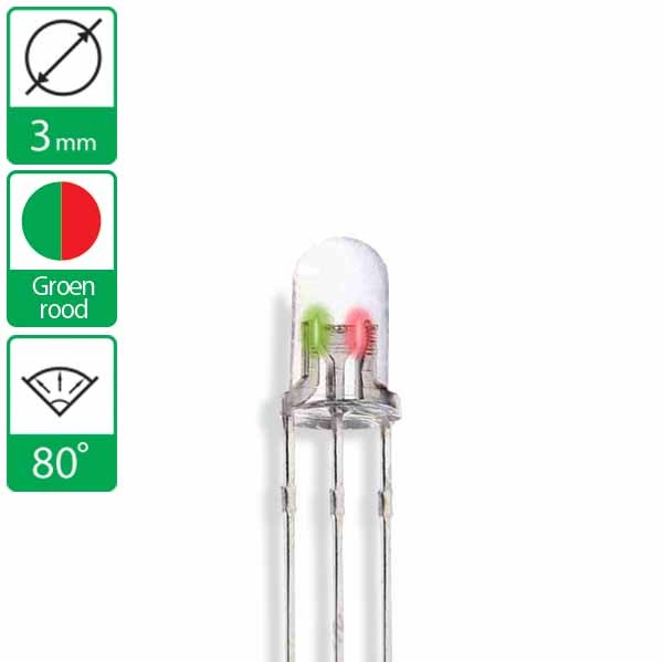 pin duo LED groen/rood 80 graden 3mm: LEDs-buy.nl het grootste online assortiment